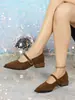 Sapatos de Salto Alto Exquisitos para Mulheres, Estilo Europeu e Americano, Comércio Exterior Transfronteiriço, Sapatos Mary Jane de Couro Camurça, Sapatos Femininos Khaki de Bico Fino, Sapatos Individuais