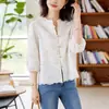 Camisa Bordada Lyocell Tencel Forrada Feminina Manga Três Quartos 2026 Verão Estilo Chinês Nova Camisa Bordada Estilo Chinês