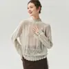 Suéter de Tricô Solto Outonal Veludo Levemente Transparente Pétala Gola Meia-Alta Cor Sólida Jacquard na Barra Inteira Amarração com Cordão
