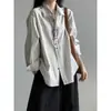 Camisa retrô listrada azul marinho de manga comprida estilo japonês para mulheres, primavera e outono, com um design estiloso, solta e casual, camisa versátil para o dia a dia