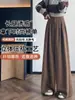 Calça de Terno Designer Retro Marrom Grossa com Forro de Lã para Mulheres, Nova Calça de Cintura Alta Emagrecedora de Perna Larga para Outono e Inverno A9306