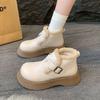 Sapatos Femininos de Couro 2026 Novos Sapatos de Algodão de Inverno com Forro de Lã, Quentes Macios de Couro com Solado Grosso Aumentadores de Altura Botas de Neve Pretas para Mulheres