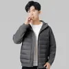 Tendência Outono Inverno Casual Versátil Jaqueta Puffer Masculina Feminina Casal Nova 90 Penas de Pato Branco Jaqueta de Penas Leve com Capuz Roupa Exterior
