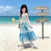 Vestido de Playa para Niñas Verano 2026 Nuevo Casual Estilo Coreano Tie-Dye Vestido de Tirantes y Conjunto de Chaleco para Niños Mayores
