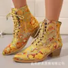 Moda Europea y Americana Botas para Mujer Retro Sedas y Satines Encaje Bordado con Cordones Tacones Altos Exportación Tacón Grueso Punta Fina Talla Grande Moda Zapatos para Mujer