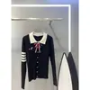 Suéter de Punto Pullover para Mujer Primavera y Otoño 2025 con Cuello de Lazo, Estampado de Cachorro y Cuatro Rayas, Pullover Polo de Manga Larga Estilo Universitario
