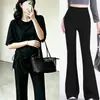 Conjunto de dos piezas para maternidad estilo coreano para verano, camiseta de color liso irregular con cordón, pantalones acampanados adelgazantes de cintura alta que cubren el abdomen, talla grande