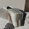 Meias de Lã Finas com Listras Horizontais Outono e Inverno Meias Versáteis Femininas Meias Listradas de Cano Médio Estilo Coreano Tendência Feminina Meias Folgadas Meias Quentes
