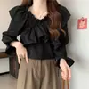 Nuevo estilo coreano otoño e invierno cuello en V diseño irregular de manga acampanada sentido de diseño nicho sentido de diseño estilo francés camisa top corto