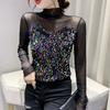 Camisa Base Gola Alta Meia-altura Feminina Inverno Novo Europeu Indústria Pesada Lantejoula Malha Emagrecedora Sexy Camisa Top de Manga Comprida Tendência