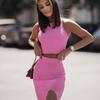 Roupas femininas europeias e americanas outono 2024 novo colete liso de gola redonda com saia lateral exposta conjunto feminino comércio exterior atacado