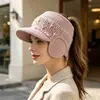 Gorra de Béisbol Deportiva Cálida de Otoño e Invierno para Mujer, Gorra de Punto Moda con Parte Superior Abierta para Coletas, Gorro de Protección contra el Frío y Orejeras