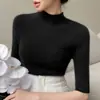Venta al por mayor transfronteriza, ropa de alta calidad lista para usar, sin costuras, de color liso, top de punto de manga corta para mujer, corte ajustado, jersey de manga media