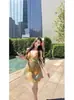 Vestido de Suspensório Estilo Férias Retrô, Nova Moda de Verão, Estilo Pura Desejo, Decote em V Profundo, Cores Contrastantes, Caimento Justo, Vestido Curto