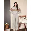 Cardigan de Tricô Color Block Listrado com Zíper Duplo Estilo Preguiçoso Solto Conjunto de Duas Peças Calças Wide Leg