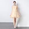 Vestido Bordado con Malla Estilo Tweed, Flores Estéreo y Perlas para Mujer, Lujo Accesible, Cuello Halter, Vestido Baby Doll con Diamantes