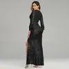 2025 Novo Vestido de Festa Socialite Transfronteiriço de Qualidade Longo Sexy com Fenda Alta de Manga Longa Paetês Banquete Noite para Mulheres