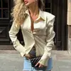 Camisa de Satén con Solapa de Moda Temperamental Camisa de Manga Larga Adelgazante Mangas de Campana Retro Francesas Hombros Acolchados Top