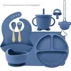 Venta directa de fábrica vajilla de silicona de grado alimenticio para niños juego de 10 piezas vajilla para complementar la alimentación del bebé cuchara tenedor mantel individual babero