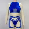 Estilo Europeo Nuevo Set Sexy Transparente Sin Mangas de Malla de Cuello Alto Cintura Ceñida Lencería con Ligas Conjunto Tentación