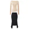 Conjunto de falda de longitud media, camiseta de manga larga ajustada y minimalista con cuello barco, suave y elástica, para mujer, capa base de primavera y otoño, que favorece la figura y se ajusta a la cadera