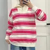 Suéter de Punto con Cremallera, Cuello de Solapa y Rayas Contrastantes, Nuevo Estilo Otoño e Invierno 2026, Holgado y Versátil, Suéter Pulóver de Estilo Relajado para Mujer