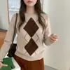 Suéter Tricô de Lã com Gola Redonda e Padrão de Diamantes Vintage Novo 2026 para Mulheres, Blusa Pulôver Fashionável para Primavera, Outono, Inverno