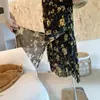Top de manga corta Tencel de hombros descubiertos dos vías + Falda resistente con estampado de pintura al óleo irregular estilo francés con abertura