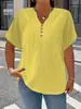 Roupa Feminina Plus Size 2025 Nova Cor Sólida Gola V Botão Manga Curta Top Venda Quente Transfronteiriça Amazon Confortável e Solto