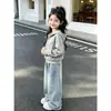 Moda Estilo Universitario Tendencia Conjunto Versión Coreana Sudadera con Capucha Chaqueta Lazo Jeans Conjunto de Dos Piezas Primavera y Otoño