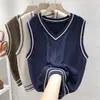 Chaleco de Punto con Cuello en V de Color Contrastante Estilo Academia Otoño Invierno para Mujer Holgado para Superponer Sin Mangas Chaleco Suéter de Punto Trenzado