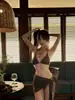 Biquíni Novo Estilo Old Money Coreano Estilo Ins para Férias com Amarração Sexy Três Peças Listrado Canelado Roupa de Banho para Fonte Termal