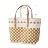 2025 Bolso de Plástico Tejido a Cuadros con Bloques de Color de Moda Bolso de Mano Grande para Mujer Versátil para el Trabajo, Compras, Vacaciones y Uso en la Playa