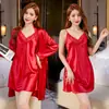 Pijama Sexy, Ropa de Dormir de Tirantes de Seda Helada para Mujer de Primavera y Otoño con Almohadillas en el Pecho, Ropa de Casa de Seda de Encaje de Alta Gama para Verano