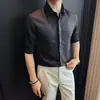 Camisa de verano para hombre de alta gama, cuello de punta, lino sintético, manga media, corte ajustado, casual, transpirable, ligera