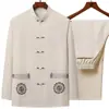 Traje Tang para Hombres de Mediana Edad y Mayores Estilo Chino Primavera y Otoño Set de Manga Larga de Seda de Hielo Atuendo de Abuelo Tai Chi Hanfu Atuendo de Verano para Papá Mayor