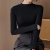 Camiseta Modal de Cuello Alto Medio para Mujer, Otoño e Invierno, Aspecto Adelgazante, Negra, de Alta Gama, Color Puro, Cuello Redondo, Manga Larga