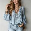 Top plisado azul bruma transfronterizo europeo y americano 2026, cuello redondo, cuello en V, mangas abullonadas, camisa de mujer estilo vacaciones holgada