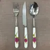 Cuchillo, tenedor y cuchara con mango de cerámica, acero inoxidable, vajilla, fábrica directa, color trébol de cuatro hojas, cuchara de acero inoxidable, paquete de regalo
