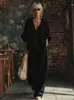 Conjunto de dos piezas de moda casual transfronteriza europea y americana para mujer, color liso, cuello en V, holgado, manga corta, pantalones largos casuales