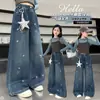 Calça Jeans Feminina Primavera e Outono 2026 Novo Estilo Crianças Maiores Bordado de Estrela Calça de Pernas Largas Calça Longa Feminina de Outono Calça Infantil
