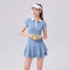 Conjunto de Tênis Polo Colorido com Gola Canelada de Manga Curta para Mulheres, Saia de Tênis Anti-Exposição, Secagem Rápida e Respirável