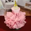 Vestido Rodado com Gola Pérola Rosa Tridimensional Roupas Infantis Vestido de Festa de Aniversário Daminha Vestido Princesa Transfronteiriço