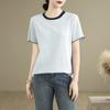 Foto real de camiseta holgada de manga corta con 25 volantes en stock para mujer, diseño de bloques de color de verano, top ajustado