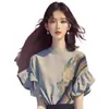 Camisa Fruncida Gris Francés Camiseta de Manga Corta para Mujer Verano Nuevo Top Holgado de Cuello Redondo Camisa Elegante Delgada