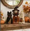 Decoración de Calabaza Fantasma Gato Negro de Madera para Halloween Habitación Escritorio Decoraciones Festivas Artesanías de Madera