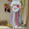 Conjunto de Verano Nuevo Estilo Coreano para Niñas Ningli Camiseta de Manga Corta de Dibujos Animados de Moda Pantalones Largos a Cuadros con Bloques de Color
