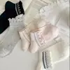 Meias Femininas para Primavera e Verão, Meias de Algodão Penteado com Renda, Leves e Respiráveis, Meias Femininas de Cano Médio com Borda Franzida, Meias Zhuji