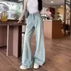 Calça Jeans Reta Solta Estilo Novo Americano Feminina para Verão Cintura Alta Design Lavado Comprimento Total Perna Larga