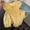 Camisa Larga Bordada con Encaje Amarillo Cremoso para Mujer, Top Exterior Dulce de Primavera con Textura Jacquard y Lazos al Frente